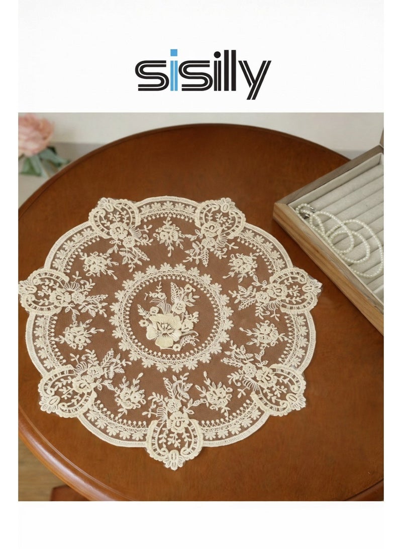 سيسلي مفرش أكواب مكرمية فرنسي الطراز، دائري الشكل، مفرش طاولة من الدانتيل، مفرش طاولة مزين بنقوش زهور عتيقة، مناسب لتزيين طاولة القهوة والشاي، ديكور منزلي أنيق. - Image 1