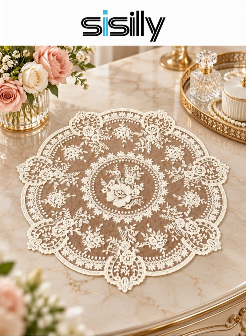 Sisily 1Pcs Lace Table Placemats, 31cm Round Table Mats, Milk Silk Embroidered Cup Mat, Vintage French Style Placemat for Home - Image 1