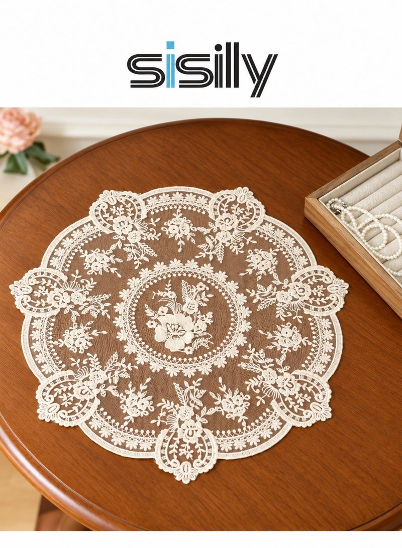 Sisily 1Pcs Lace Table Placemats, 31cm Round Table Mats, Milk Silk Embroidered Cup Mat, Vintage French Style Placemat for Home - Image 2