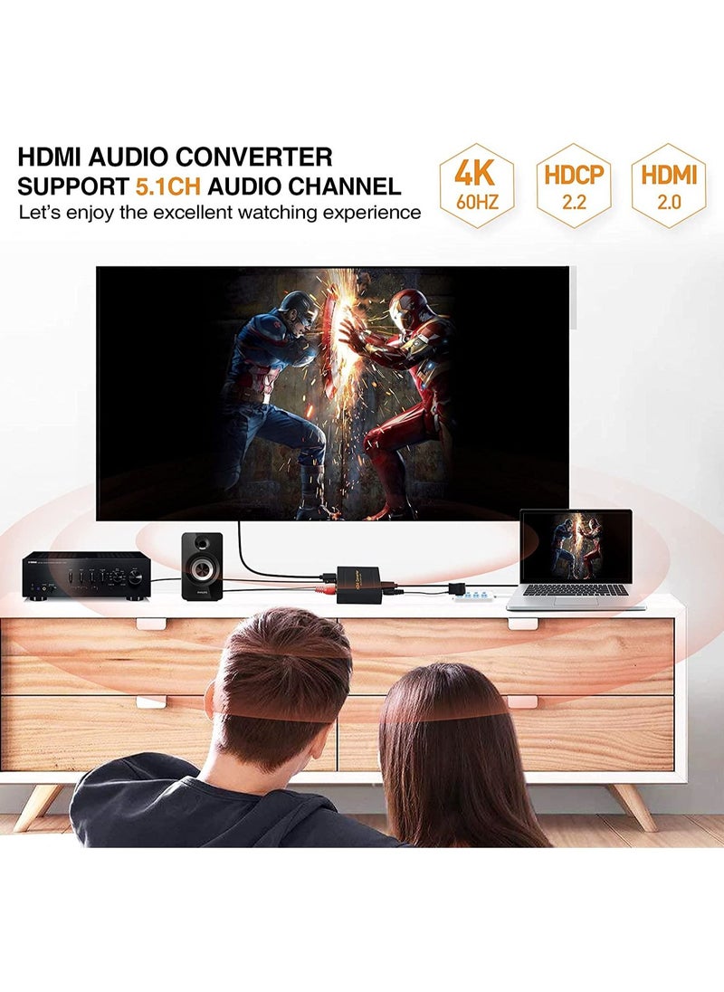 4K 60Hz HDMI Audio Extractor Converter HDMI to HDMI Audio (SPDIF + RCA L/R Stereo) HDMI Video Audio Splitter Adapter for Fire Stick Xbox PS5 Support 3D HDCP 2.2 18Gpbs