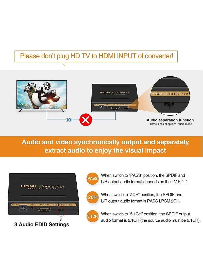 4K 60Hz HDMI Audio Extractor Converter HDMI to HDMI Audio (SPDIF + RCA L/R Stereo) HDMI Video Audio Splitter Adapter for Fire Stick Xbox PS5 Support 3D HDCP 2.2 18Gpbs
