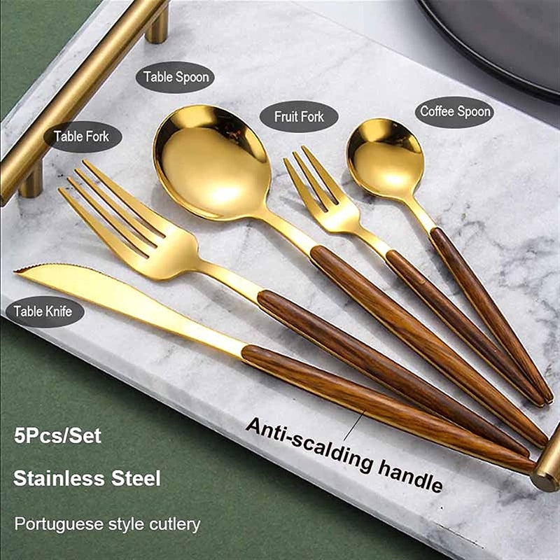 SIYANSHU Luxury Flatware Royal 5 Piece Wooden Handle Handle 1810 Stainless Steel Tableware Sets for 1 Including Forks Spoons Knives Camping Silverware Travel Utensils Set Cutlery Pack of1 Gold - Image 4