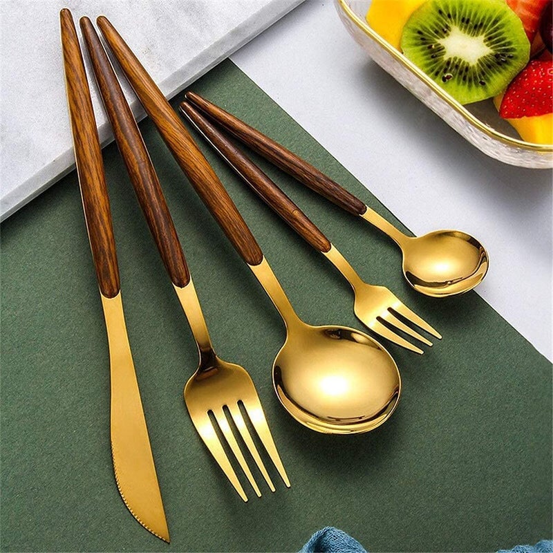 SIYANSHU Luxury Flatware Royal 5 Piece Wooden Handle Handle 1810 Stainless Steel Tableware Sets for 1 Including Forks Spoons Knives Camping Silverware Travel Utensils Set Cutlery Pack of1 Gold - Image 5