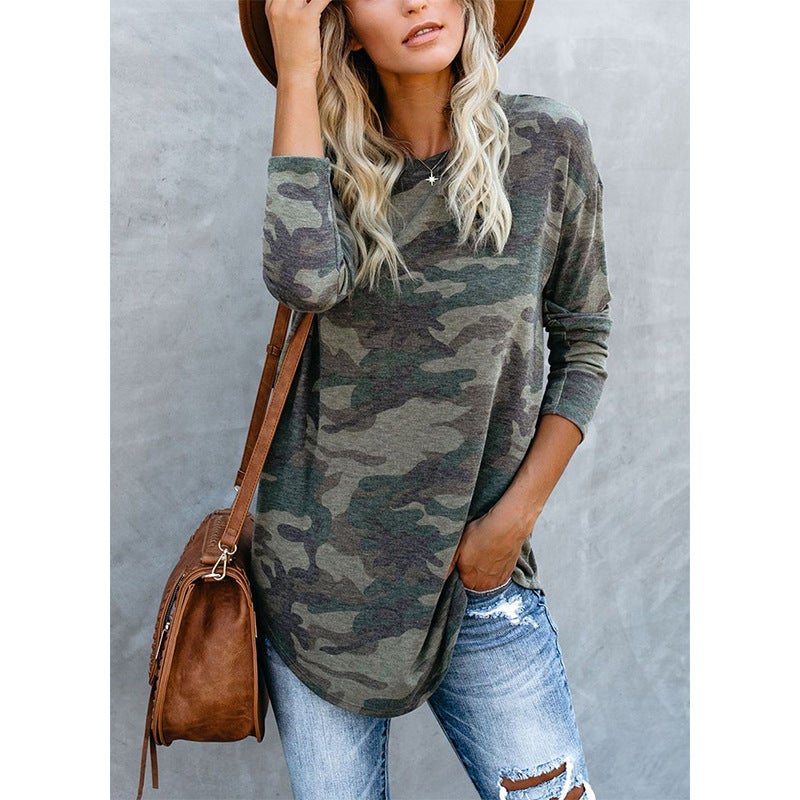 2020 AliExpress Europe and the United States autumn and winter new tops camouflage printing round neck long-sleeved t-shirt women y-508 green XL - Image 4