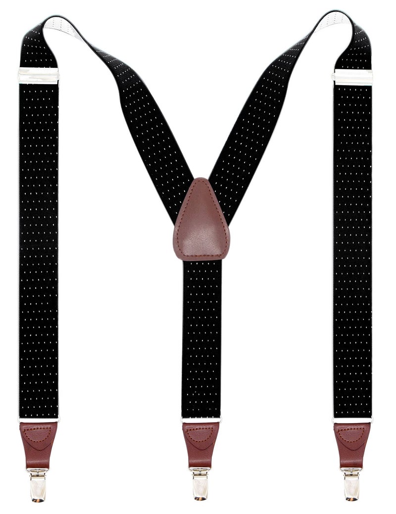 Bioterti Men’s Y-shape 1.4 Inch Suspender -3 Metal Clips, Elastic Straps (Black Dot) - Image 1