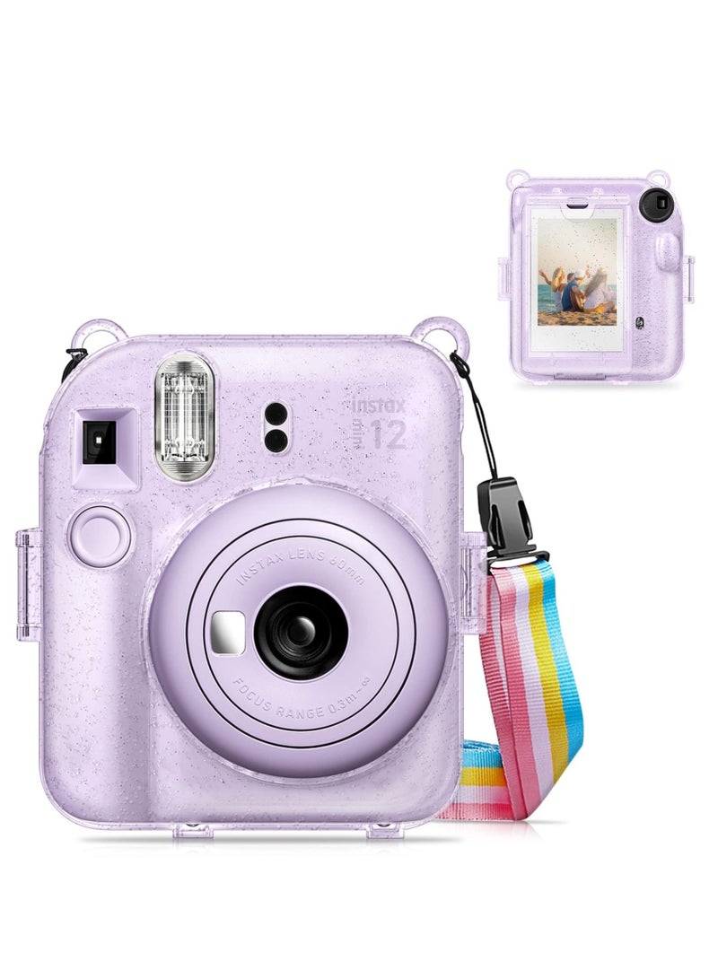 Protective Clear Case for Fujifilm Instax Mini 12 Instant Camera/Crystal Hard Shell Cover w/Upgraded Film Pocket for Storing Photos & Removable Shoulder Strap (Transparent purple) - Image 1