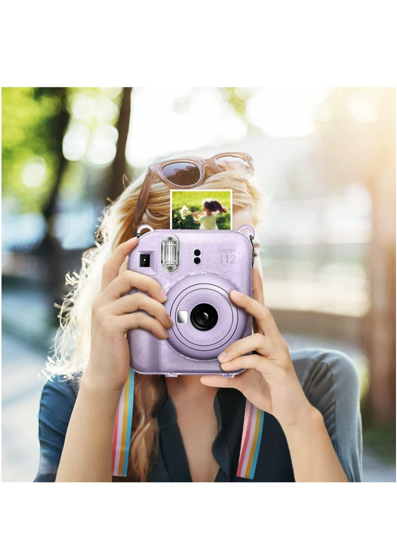 Protective Clear Case for Fujifilm Instax Mini 12 Instant Camera/Crystal Hard Shell Cover w/Upgraded Film Pocket for Storing Photos & Removable Shoulder Strap (Transparent purple) - Image 2