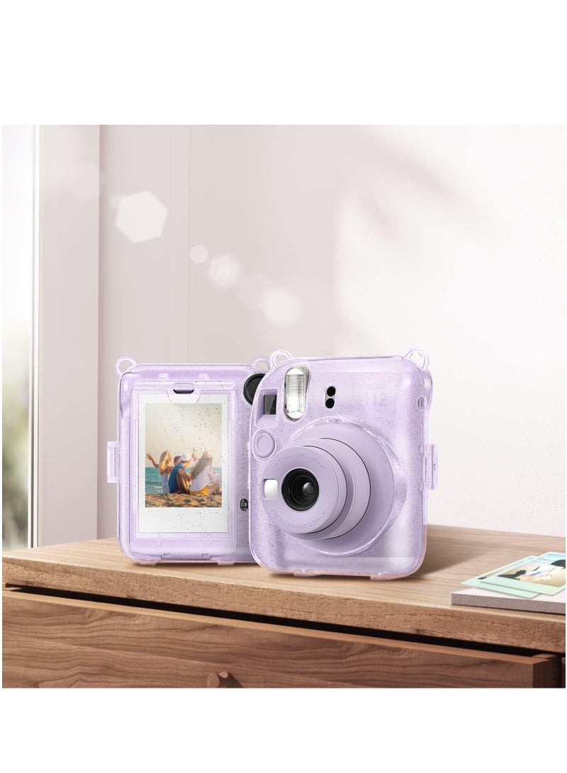 Protective Clear Case for Fujifilm Instax Mini 12 Instant Camera/Crystal Hard Shell Cover w/Upgraded Film Pocket for Storing Photos & Removable Shoulder Strap (Transparent purple) - Image 5