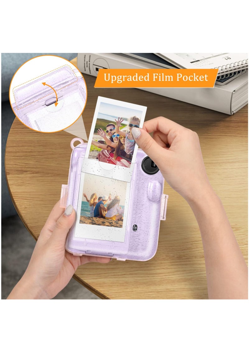 Protective Clear Case for Fujifilm Instax Mini 12 Instant Camera/Crystal Hard Shell Cover w/Upgraded Film Pocket for Storing Photos & Removable Shoulder Strap (Transparent purple) - Image 4