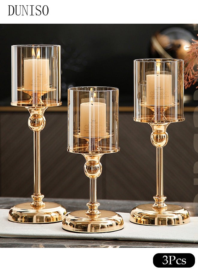DUNISO 3Pcs European Style Metal Glass Candlestick Ornaments,Clear Candlestick Holders,European Style Ornaments For Dining,Wedding,Party,Home  - Image 1