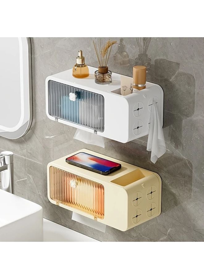 صندوق مناديل كريمي مثبت على الحائط حامل مناشف متعدد الوظائف بدون حفر تخزين الحمام - Image 2
