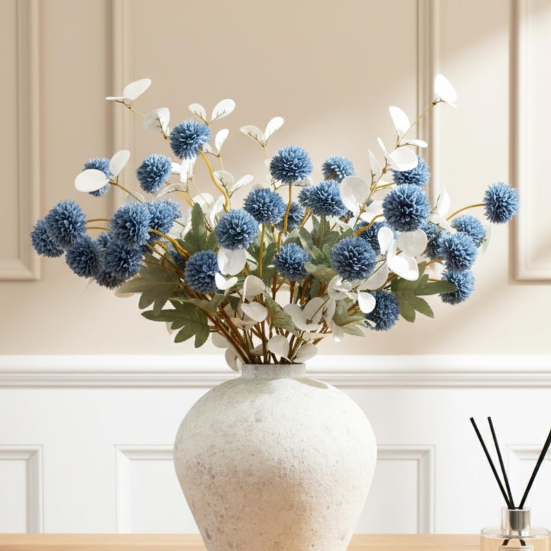 RyddeligHome Faux Dusty Blue Flowers, Blue and White Floral Stems For Centerpieces, Fake Mums Artificial Flowers, Flores Azules Artificiales Para Decoracion, Long Stems For Vases, DIY Silk Floral Arrangements - Image 1