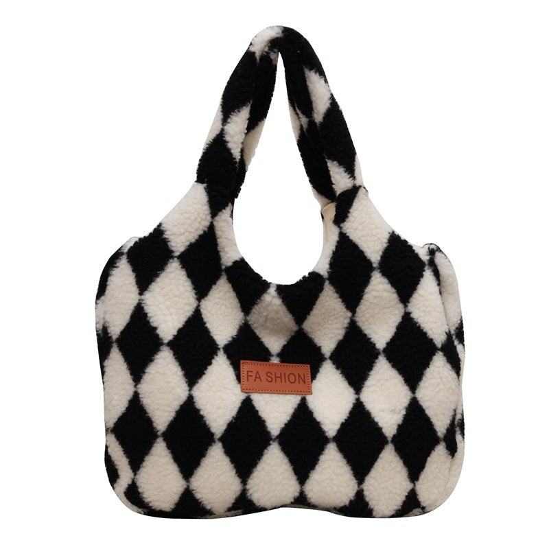 Fashionable Rhombus Plush Handbag Women'S Bag 2023 Korean Style Lazy Style Handbag Shoulder Bag - Image 1