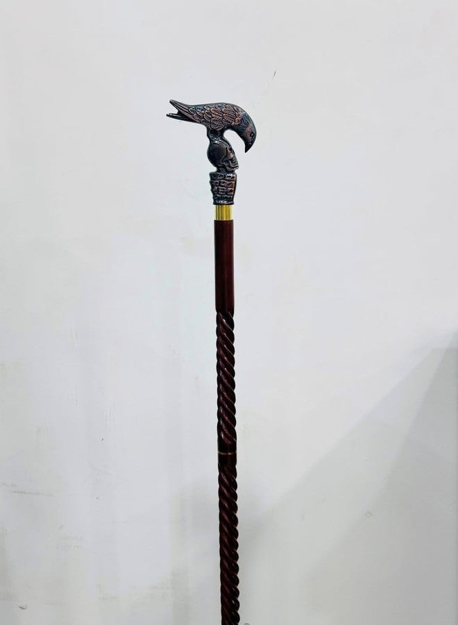 THOR INSTRUMENTS Decorative Walking Cane with Axe Handle Design, Black Metal Head, Wooden Shaft, Gold Accent Band, Traditional Style (Raven Skull Cane Handle) - Image 3