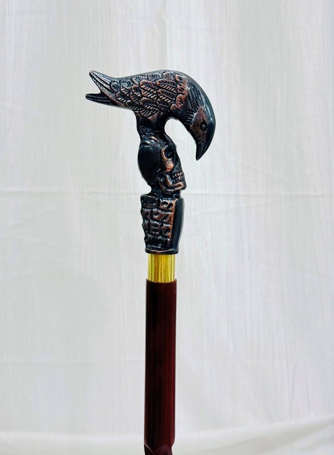 THOR INSTRUMENTS Decorative Walking Cane with Axe Handle Design, Black Metal Head, Wooden Shaft, Gold Accent Band, Traditional Style (Raven Skull Cane Handle) - Image 2