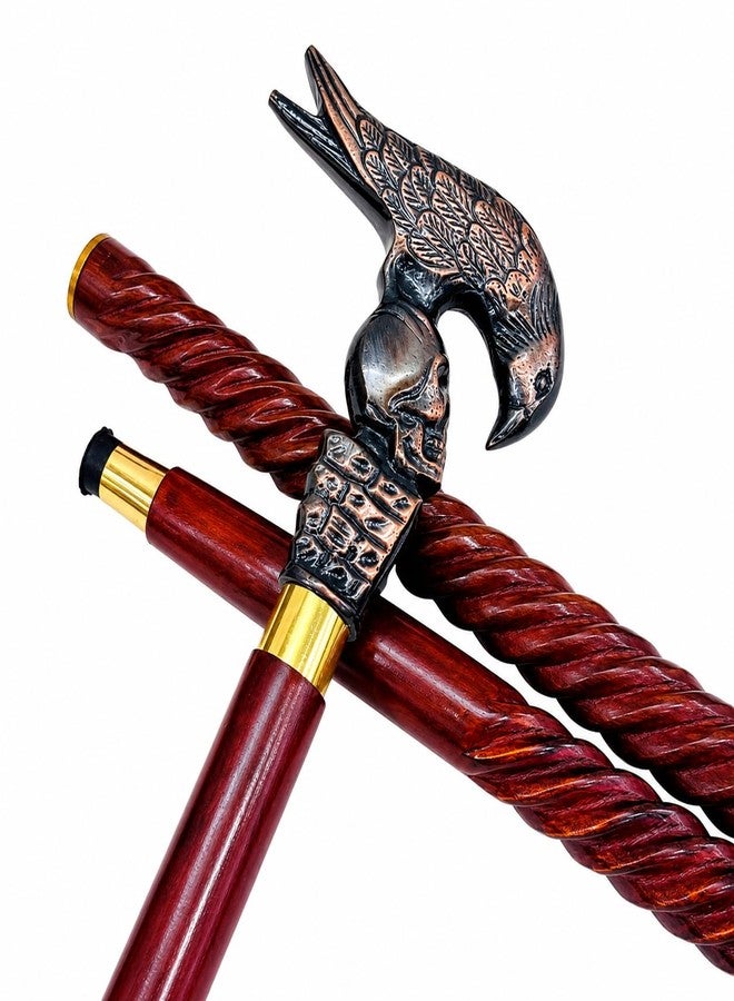 THOR INSTRUMENTS Decorative Walking Cane with Axe Handle Design, Black Metal Head, Wooden Shaft, Gold Accent Band, Traditional Style (Raven Skull Cane Handle) - Image 1