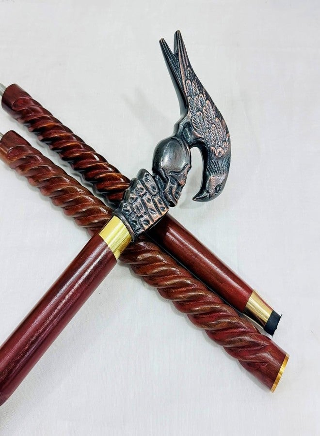 THOR INSTRUMENTS Decorative Walking Cane with Axe Handle Design, Black Metal Head, Wooden Shaft, Gold Accent Band, Traditional Style (Raven Skull Cane Handle) - Image 4
