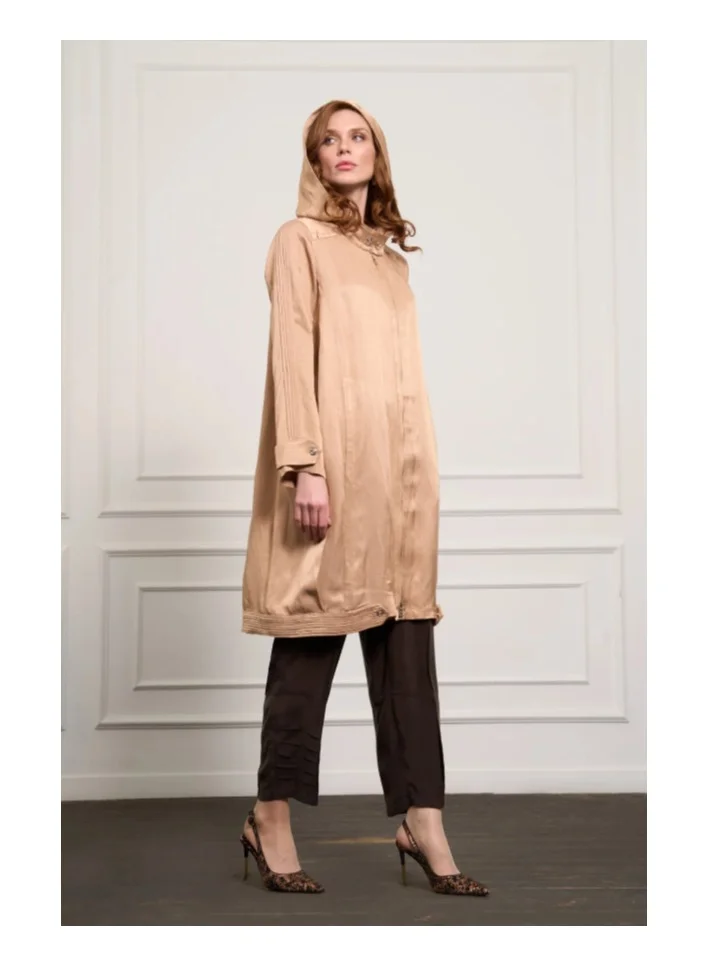 MissWhence Ribbed-Sleeve Hooded Linen Coat - Camel