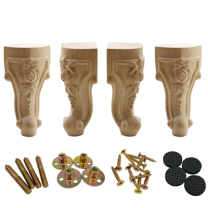 WEICHUAN Solid Unfinished Wood Carved Furniture Legs for Sofa Couch Chair Ottoman Loveseat Coffee Table Cabinet Furniture Legs & Feet Replacement (6" Set of 4) - Image 1