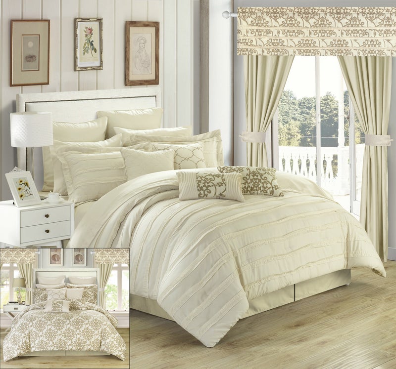 Chic Home Chic Home Hailee 24 Piece Comforter Complete Bed in a Bag Sheet Set and Window Treatment King BeigeCS1955AN 
