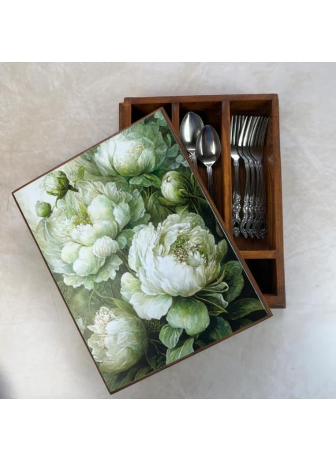 TR Designs TR Designs Wooden Cutlery Storage Box with Lid DANCING PEONIES  - Image 1