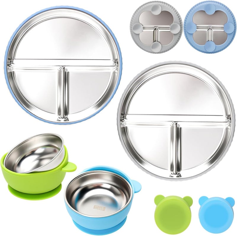 4 Pack Kids Feeding Set Stainless Steel Suction Plates and Bowls,Baby Led Weaning Tableware for Toddlers & Kids - Image 1