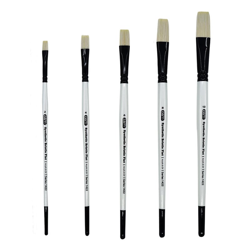 ZEM Brush White Hog Bristle Synthetic Flats Artist Brush Set 5 pcs  Acrylic and Oil
