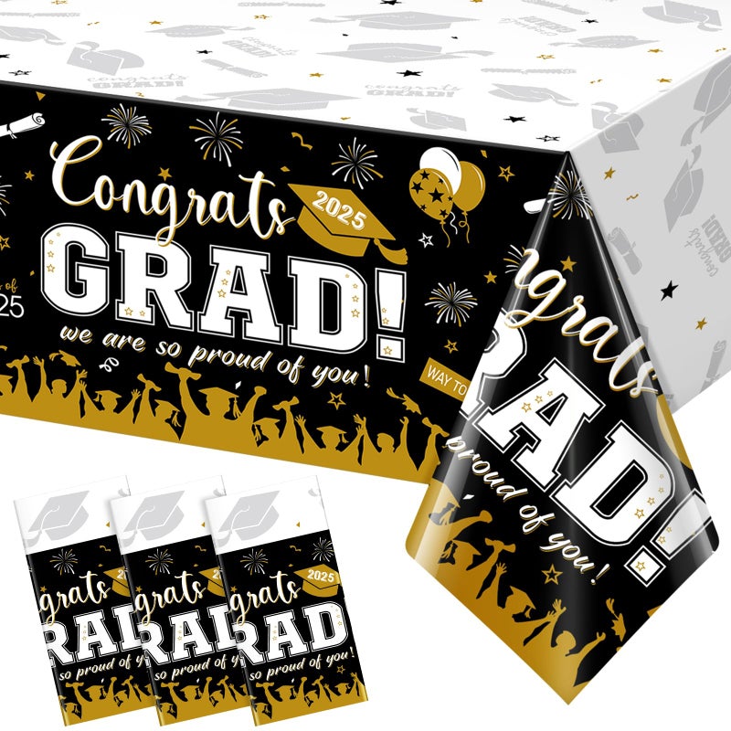 3 Pack Graduation Tablecloth Party Decorations Class of 2025 Congrats Grad Plastic Tablecover Party Supplies Black and Gold Rectangle Graduation Table Decor for College High School Party 54x108Inch