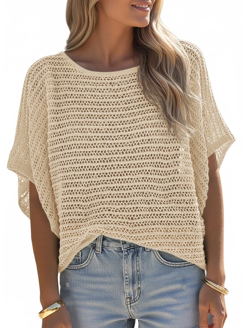 Saodimallsu Womens Crochet Tops Summer Batwing Short Sleeve Oversized Sweater Boat Neck Mesh Knit Beach Cover Up Top Beige - Image 1