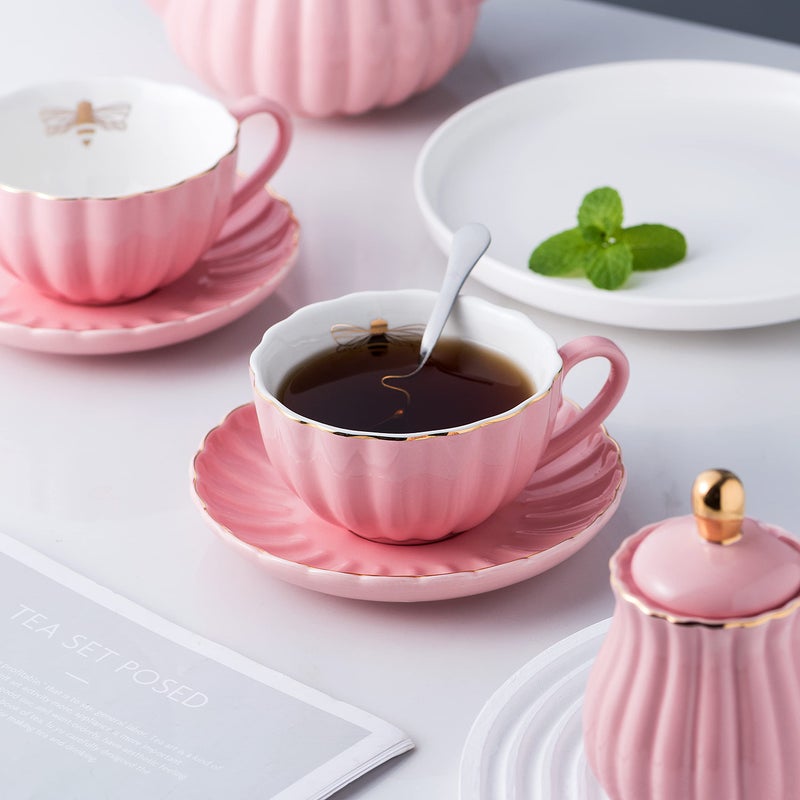 Jusalpha Service for 6- Fine China Pink Coffee Cup/Teacup Set, 8 OZ Cups& Saucer, with Teapot-Sugar Bowl-Cream Pitcher Teaspoons and tea strainer for Tea/Coffee- 24 PC (Pink, Serve of 6) - Image 2