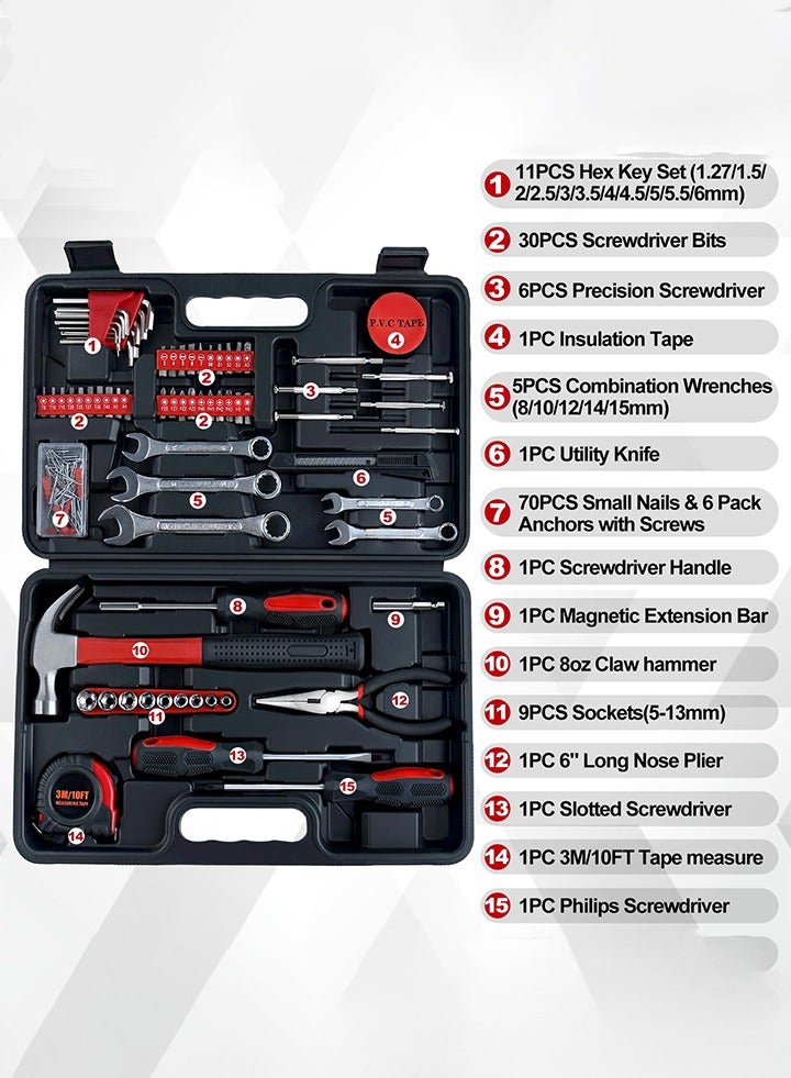 146 PCS Home Tool Kit with Hammer, Pliers, Wrenches, Measure Tape, Screwdrivers, Sockets, Small Household Hand Tool Kit with Plastic Toolbox for Home, Garage, Office and College Dormitory Use，Car Tools Kit Mechanic Heavy，Tool Set for Cars，Home Tool Kit Basic - Image 2