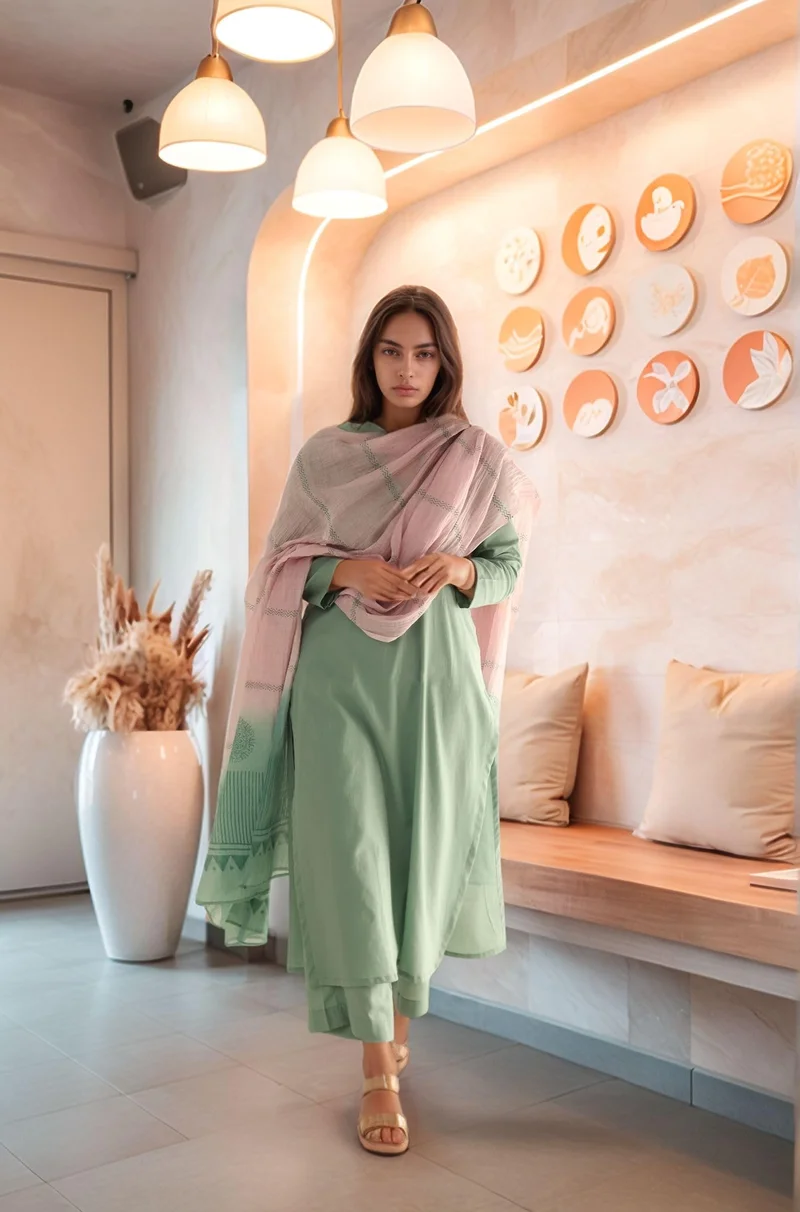 GoSriKi Pista GoSriKi Women's Rayon Viscose Straight Solid Kurta with Pant & Dupatta (Paradise PISTA-VKS02-GS_L_Pista_Large) for Women | Best Price UAE