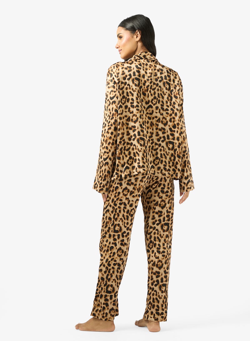 Ginger Satin Leopard Print Relaxed Fit Shirt & Pyjama Set - Image 2