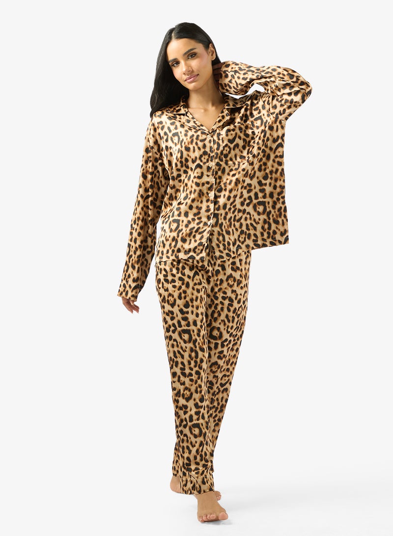 Ginger Satin Leopard Print Relaxed Fit Shirt & Pyjama Set - Image 1