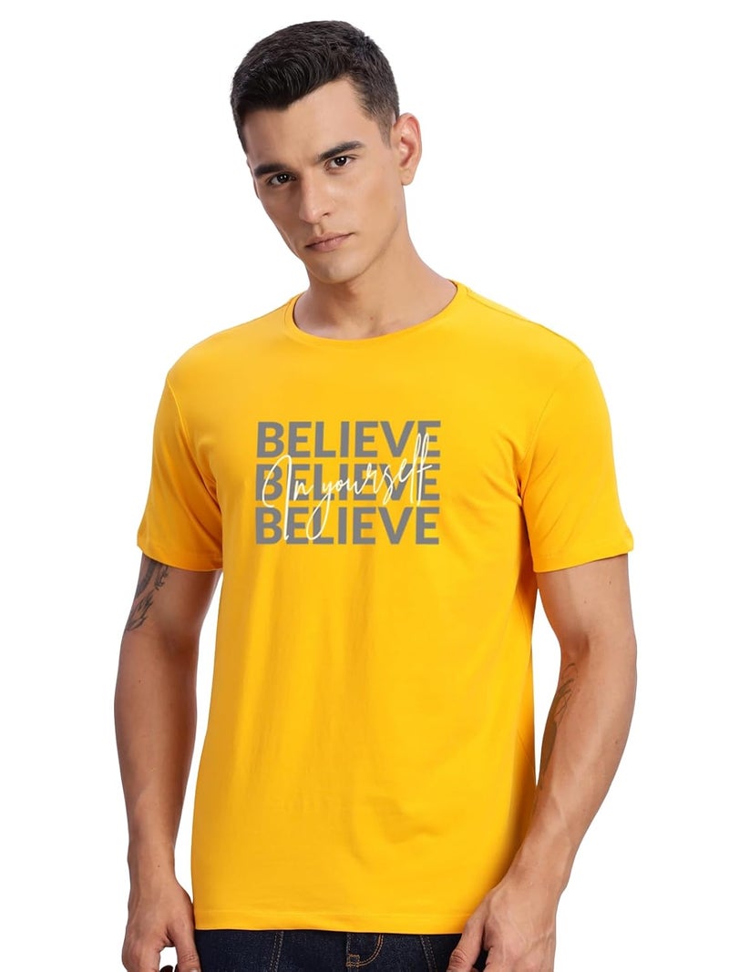 ADRO Men's Mustard Motivational Printed T-Shirt - Believe in Yourself Graphic, Regular Fit, Cotton Lycra Stretch Fabric - Image 1