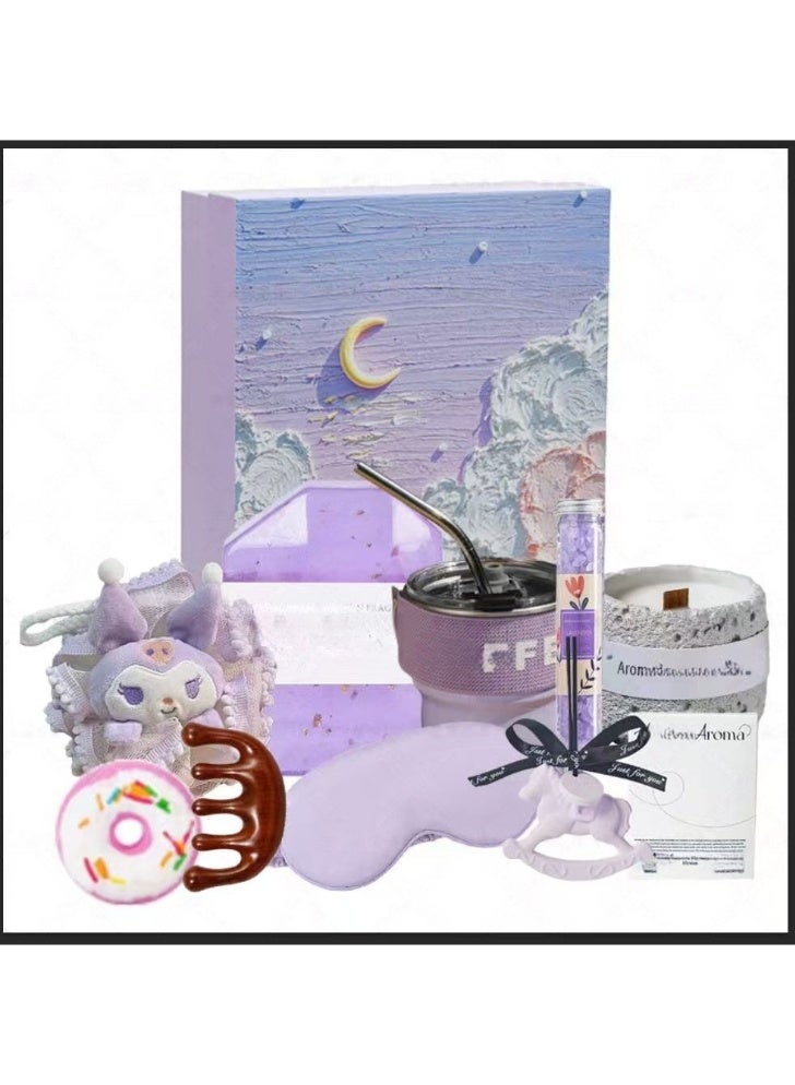 Lavender Galaxy Aromatherapy Gift Box Set - Gardenia Scented Candle, Purple Stainless Steel Mug, Kuromi Bath Ball, Silk Eye Mask, Massage Comb, Complete SPA Kit for Women, Luxury Ramadan & Eid Gifts, Relaxation Set - Image 1