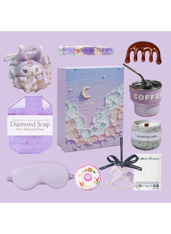 Lavender Galaxy Aromatherapy Gift Box Set - Gardenia Scented Candle, Purple Stainless Steel Mug, Kuromi Bath Ball, Silk Eye Mask, Massage Comb, Complete SPA Kit for Women, Luxury Ramadan & Eid Gifts, Relaxation Set - Image 2