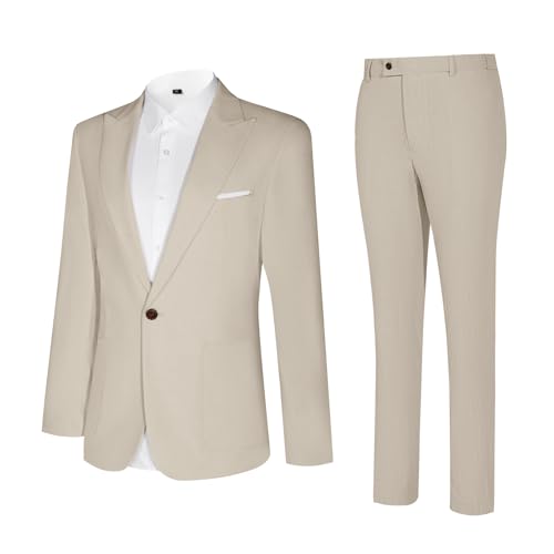 Diaryan Linen Men Suit Beige 2 Piece One Button Classic Fit Dress Suit Solid Jacket and Trousers Set for Wedding Business M - Image 3
