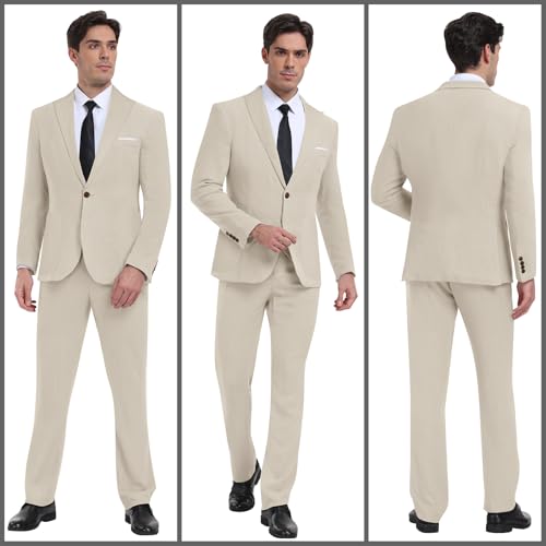 Diaryan Linen Men Suit Beige 2 Piece One Button Classic Fit Dress Suit Solid Jacket and Trousers Set for Wedding Business M - Image 2
