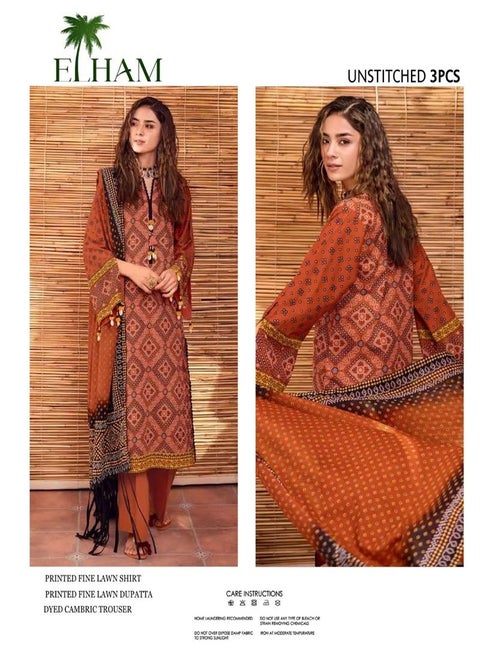 Elham lawn 3Pcs With Lawn Dupatta Chunrri Design
