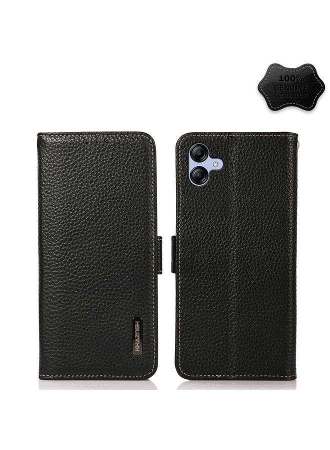 S-TOP Case For Samsung Galaxy A04e KHAZNEH Side-Magnetic Litchi Genuine Leather RFID Phone Case - Image 1