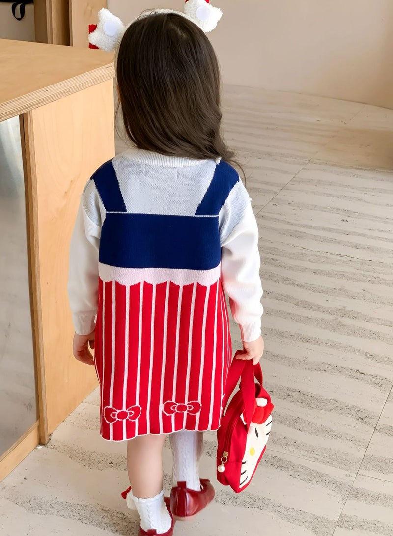 Girl's Stylish Cartoon Love Fake Two-Piece Sweater Knitted Dress - Image 3