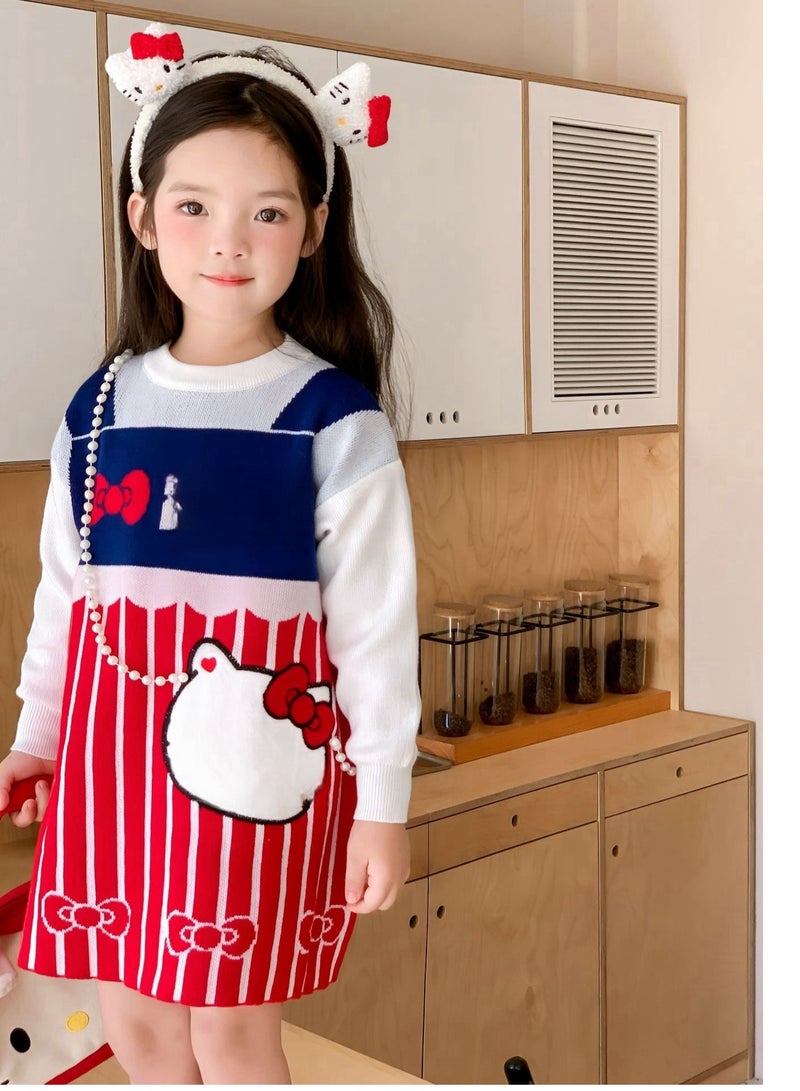 Girl's Stylish Cartoon Love Fake Two-Piece Sweater Knitted Dress - Image 1