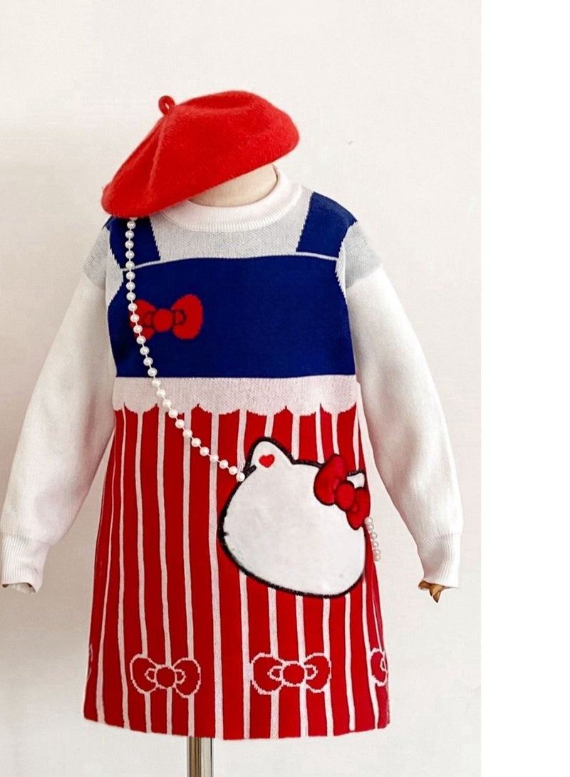 Girl's Stylish Cartoon Love Fake Two-Piece Sweater Knitted Dress - Image 2
