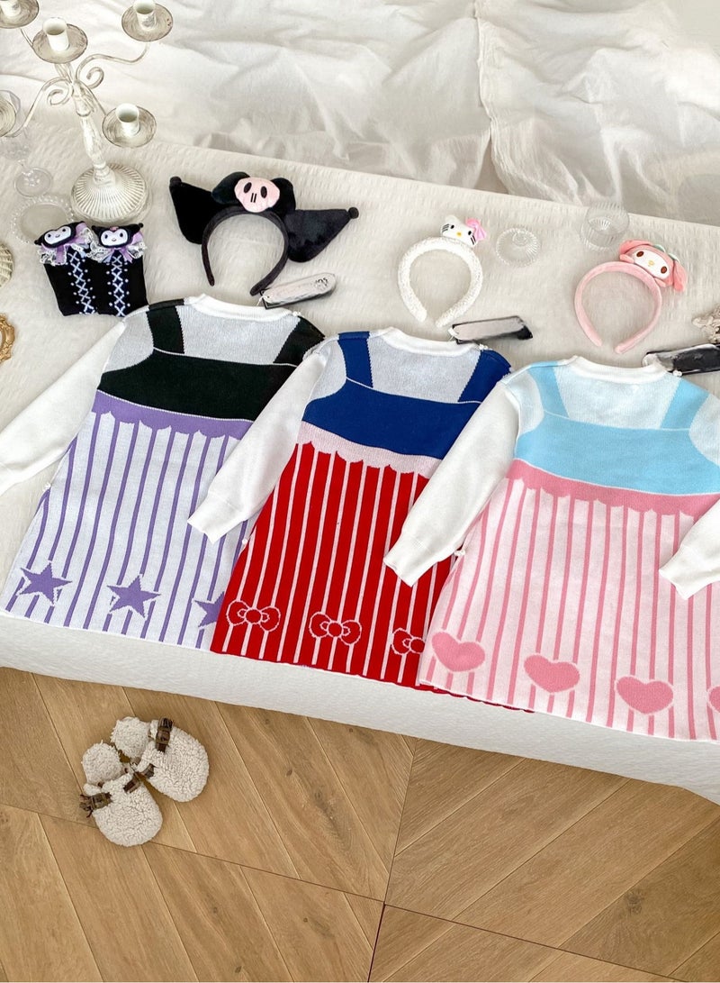 Girl's Stylish Cartoon Love Fake Two-Piece Sweater Knitted Dress - Image 4