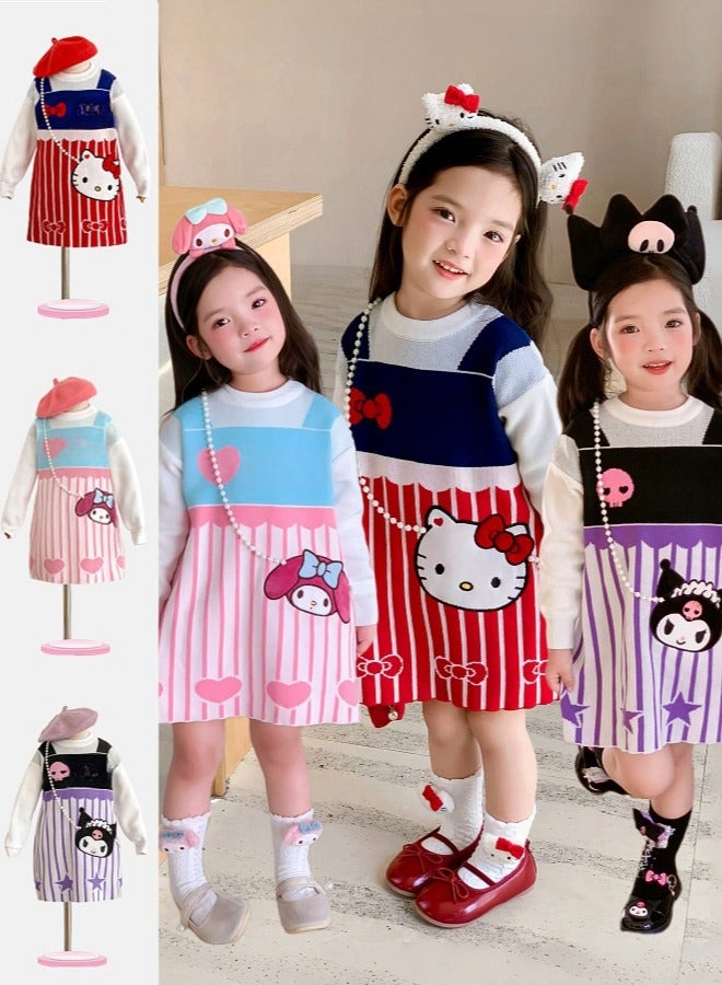 Girl's Stylish Cartoon Love Fake Two-Piece Sweater Knitted Dress - Image 5