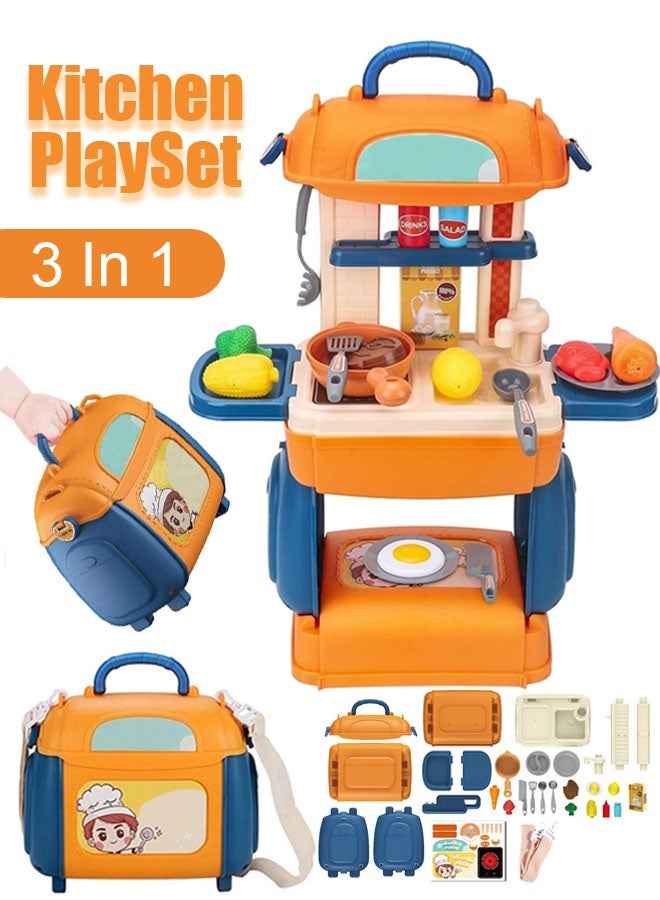 3-in-1 Kids & Toddler Play Kitchen,Kitchen Play Set Pretend CookingKids Toy Kitchen Set with Accessories, Interactive Kitchen Playset,Portable Travel Bag Design,for Ages 3 4 5 6 Girls and Boys - Image 1