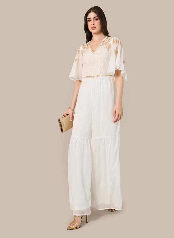 ستايلي جمبسوت واسع الأرجل بأكمام ملاك وياقة على شكل  مطرز من ستايلي - Image 1