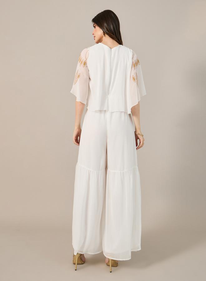 ستايلي جمبسوت واسع الأرجل بأكمام ملاك وياقة على شكل  مطرز من ستايلي - Image 5