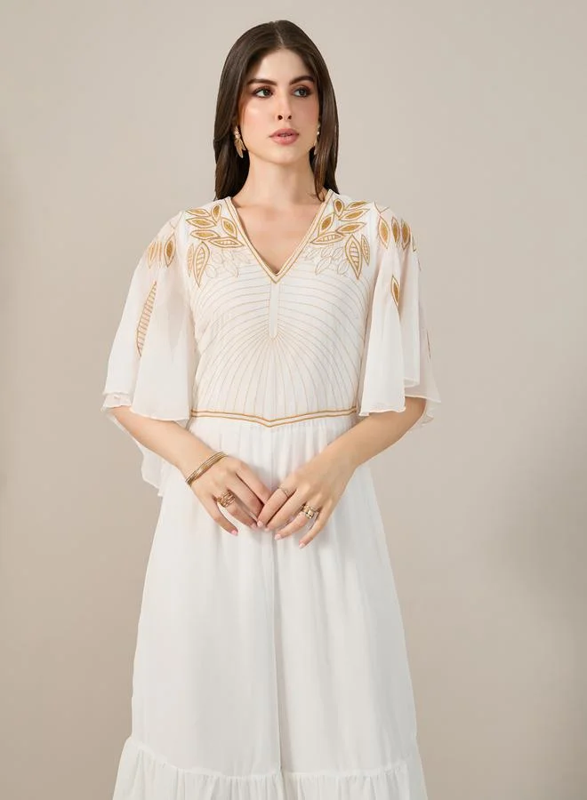 Styli Styli Embroidered V-Neck Angel Sleeve Wide Leg Jumpsuit